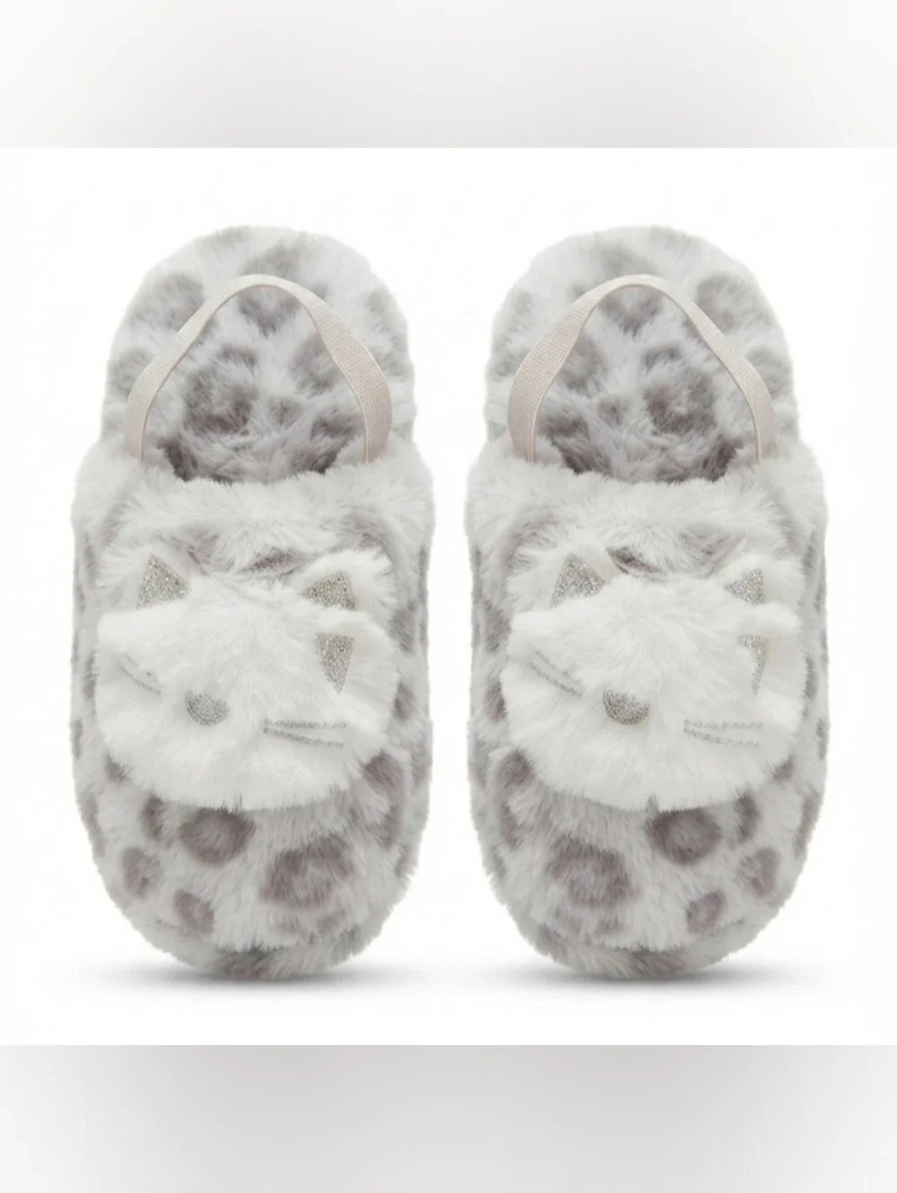 🦦5/$10🦦Wonder Nation Gray Leopard Fuzzy Cat Slippers Girls Size Medium Slumber